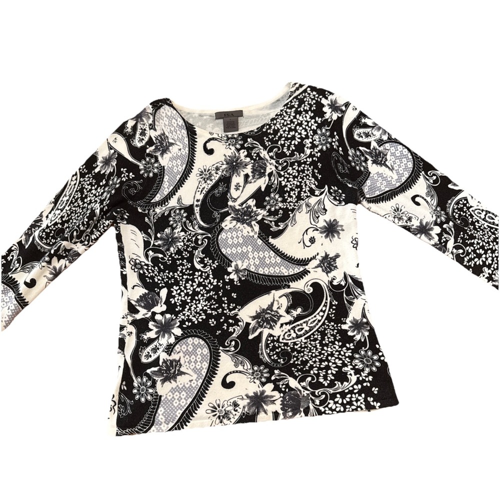 Isa Boulder Stretch Shirt  Sz Large Rayon Nylon Spandex Black White Floral
